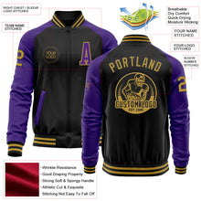 Laden Sie das Bild in den Galerie-Viewer, Uksn Individuelles Bomberjacke in Schwarz-Altgold-Violett mit Reißverschluss, Zweifarben-Design und Varsity-Letterman-Stil