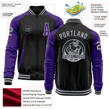 Laden Sie das Bild in den Galerie-Viewer, Uksn Individuelles Bomberjacke in Schwarz-Grau-Violett mit Reißverschluss, Zweifarben-Design und Varsity-Letterman-Stil