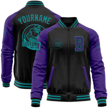 Laden Sie das Bild in den Galerie-Viewer, Uksn Individuelles Bomberjacke in Schwarz-Petrol-Violett mit Reißverschluss, Zweifarben-Design und Varsity-Letterman-Stil