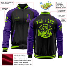 Laden Sie das Bild in den Galerie-Viewer, Uksn Individuelles Bomberjacke in Schwarz-Neongrün-Violett mit Reißverschluss, Zweifarben-Design und Varsity-Letterman-Stil