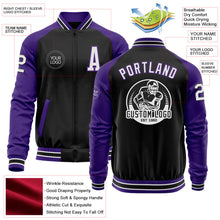 Laden Sie das Bild in den Galerie-Viewer, Uksn Individuelles Bomberjacke in Schwarz-Weiß-Violett mit Reißverschluss, Zweifarben-Design und Varsity-Letterman-Stil