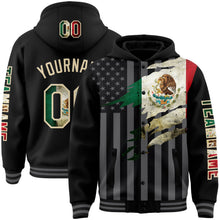 Laden Sie das Bild in den Galerie-Viewer, Uksn Individuelles Bomberjacke in Schwarz-Creme-Grau mit Vintage-Mexiko-Flagge, 3D-Mexiko-Design, Druckknopfleiste, Kapuze und Varsity-Letterman-Stil