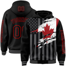 Laden Sie das Bild in den Galerie-Viewer, Uksn Individuelles Bomberjacke in Schwarz-Rot-Grau mit 3D-Kanada-Flagge, Druckknopfleiste, Kapuze und Varsity-Letterman-Stil