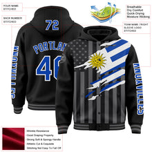 Laden Sie das Bild in den Galerie-Viewer, Uksn Individuelles Bomberjacke in Schwarz-Gewitterblau-Grau mit 3D-Uruguay-Flagge, Druckknopfleiste, Kapuze und Varsity-Letterman-Stil