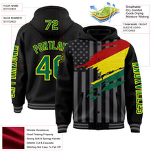 Laden Sie das Bild in den Galerie-Viewer, Uksn Individuelles Bomberjacke in Schwarz-Kelly-Grün-Hellgelb-Grau mit 3D-Bolivien-Flagge, Druckknopfleiste, Kapuze und Varsity-Letterman-Stil