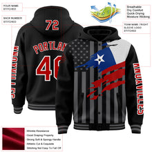 Laden Sie das Bild in den Galerie-Viewer, Uksn Individuelles Bomberjacke in Schwarz-Rot-Grau mit 3D-Chile-Flagge, Druckknopfleiste, Kapuze und Varsity-Letterman-Stil