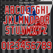 Laden Sie das Bild in den Galerie-Viewer, Uksn Individuelles Bomberjacke in Schwarz-Rot-Grau mit 3D-Chile-Flagge, Druckknopfleiste, Kapuze und Varsity-Letterman-Stil