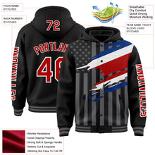 Laden Sie das Bild in den Galerie-Viewer, Uksn Individuelles Bomberjacke in Schwarz-Rot-Grau mit 3D-Costa-Rica-Flagge, Druckknopfleiste, Kapuze und Varsity-Letterman-Stil