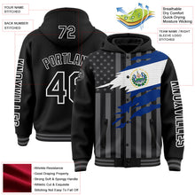 Laden Sie das Bild in den Galerie-Viewer, Uksn Individuelles Bomberjacke in Schwarz-Grau-Weiß mit 3D-El-Salvador-Flagge, Druckknopfleiste, Kapuze und Varsity-Letterman-Stil