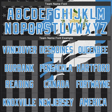 Laden Sie das Bild in den Galerie-Viewer, Uksn Individuelles Bomberjacke in Schwarz-Hellblau-Grau mit 3D-Guatemala-Flagge, Druckknopfleiste, Kapuze und Varsity-Letterman-Stil