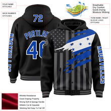 Laden Sie das Bild in den Galerie-Viewer, Uksn Individuelles Bomberjacke in Schwarz-Gewitterblau-Grau mit 3D-Honduras-Flagge, Druckknopfleiste, Kapuze und Varsity-Letterman-Stil