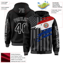 Laden Sie das Bild in den Galerie-Viewer, Uksn Individuelles Bomberjacke in Schwarz-Grau-Weiß mit 3D-Paraguay-Flagge, Druckknopfleiste, Kapuze und Varsity-Letterman-Stil