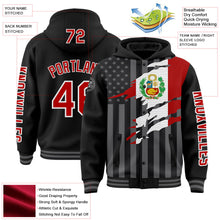 Laden Sie das Bild in den Galerie-Viewer, Uksn Individuelles Bomberjacke in Schwarz-Rot-Grau mit 3D-Peru-Flagge, Druckknopfleiste, Kapuze und Varsity-Letterman-Stil
