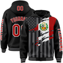 Laden Sie das Bild in den Galerie-Viewer, Uksn Individuelles Bomberjacke in Schwarz-Rot-Grau mit 3D-Peru-Flagge, Druckknopfleiste, Kapuze und Varsity-Letterman-Stil