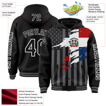Laden Sie das Bild in den Galerie-Viewer, Uksn Individuelles Bomberjacke in Schwarz-Grau-Weiß mit 3D-Dominikanische-Republik-Flagge, Druckknopfleiste, Kapuze und Varsity-Letterman-Stil