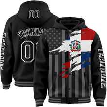 Laden Sie das Bild in den Galerie-Viewer, Uksn Individuelles Bomberjacke in Schwarz-Grau-Weiß mit 3D-Dominikanische-Republik-Flagge, Druckknopfleiste, Kapuze und Varsity-Letterman-Stil