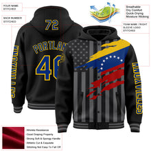 Laden Sie das Bild in den Galerie-Viewer, Uksn Individuelles Bomberjacke in Schwarz-Royalblau-Gelb-Grau mit 3D-Venezuela-Flagge, Druckknopfleiste, Kapuze und Varsity-Letterman-Stil
