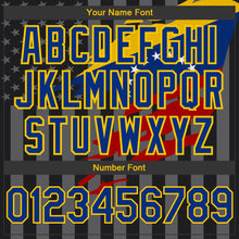 Laden Sie das Bild in den Galerie-Viewer, Uksn Individuelles Bomberjacke in Schwarz-Royalblau-Gelb-Grau mit 3D-Venezuela-Flagge, Druckknopfleiste, Kapuze und Varsity-Letterman-Stil