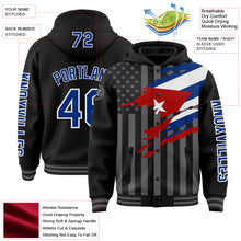 Laden Sie das Bild in den Galerie-Viewer, Uksn Individuelles Bomberjacke in Schwarz-Royalblau-Grau mit 3D-Kuba-Flagge, Druckknopfleiste, Kapuze und Varsity-Letterman-Stil