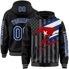Laden Sie das Bild in den Galerie-Viewer, Uksn Individuelles Bomberjacke in Schwarz-Royalblau-Grau mit 3D-Kuba-Flagge, Druckknopfleiste, Kapuze und Varsity-Letterman-Stil