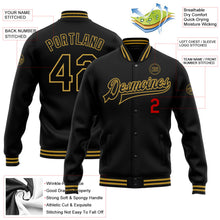Laden Sie das Bild in den Galerie-Viewer, Uksn Individuelles Bomberjacke in Schwarz-Altgold-Rot mit Druckknopfleiste und Varsity-Letterman-Stil
