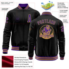 Laden Sie das Bild in den Galerie-Viewer, Uksn Individuelles Bomberjacke in Schwarz-Violett-Altgold mit Reißverschluss und Varsity-Letterman-Stil
