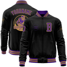 Laden Sie das Bild in den Galerie-Viewer, Uksn Individuelles Bomberjacke in Schwarz-Violett-Altgold mit Reißverschluss und Varsity-Letterman-Stil