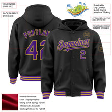 Laden Sie das Bild in den Galerie-Viewer, Uksn Individuelles Bomberjacke in Schwarz-Violett-Altgold mit Druckknopfleiste, Kapuze und Varsity-Letterman-Stil
