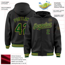 Laden Sie das Bild in den Galerie-Viewer, Uksn Individuelles Bomberjacke in Schwarz-Grün-Altgold mit Druckknopfleiste, Kapuze und Varsity-Letterman-Stil