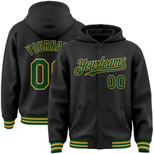 Laden Sie das Bild in den Galerie-Viewer, Uksn Individuelles Bomberjacke in Schwarz-Grün-Altgold mit Druckknopfleiste, Kapuze und Varsity-Letterman-Stil