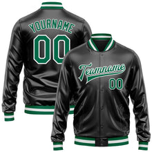 Laden Sie das Bild in den Galerie-Viewer, Uksn Individuelles Bomberjacke in Schwarz-Kelly-Grün-Weiß mit Kunstleder, Druckknopfleiste und Varsity-Letterman-Stil
