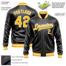 Laden Sie das Bild in den Galerie-Viewer, Uksn Individuelles Bomberjacke in Schwarz-Gold-Weiß mit Kunstleder, Druckknopfleiste und Varsity-Letterman-Stil