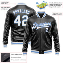 Laden Sie das Bild in den Galerie-Viewer, Uksn Individuelles Bomberjacke in Schwarz-Weiß-Hellblau mit Kunstleder, Druckknopfleiste und Varsity-Letterman-Stil