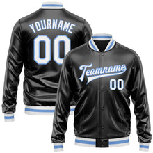 Laden Sie das Bild in den Galerie-Viewer, Uksn Individuelles Bomberjacke in Schwarz-Weiß-Hellblau mit Kunstleder, Druckknopfleiste und Varsity-Letterman-Stil