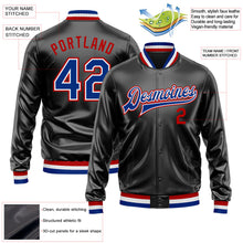 Laden Sie das Bild in den Galerie-Viewer, Uksn Individuelles Bomberjacke in Schwarz-Royalblau-Rot mit Kunstleder, Druckknopfleiste und Varsity-Letterman-Stil