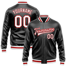 Laden Sie das Bild in den Galerie-Viewer, Uksn Individuelles Bomberjacke in Schwarz-Weiß-Rot mit Kunstleder, Druckknopfleiste und Varsity-Letterman-Stil