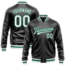 Laden Sie das Bild in den Galerie-Viewer, Uksn Individuelles Bomberjacke in Schwarz-Weiß-Kelly-Grün mit Kunstleder, Druckknopfleiste und Varsity-Letterman-Stil