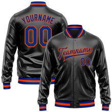 Laden Sie das Bild in den Galerie-Viewer, Uksn Individuelles Bomberjacke in Schwarz-Royalblau-Orange mit Kunstleder, Druckknopfleiste und Varsity-Letterman-Stil
