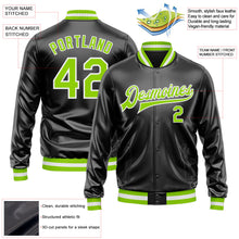 Laden Sie das Bild in den Galerie-Viewer, Uksn Individuelles Bomberjacke in Schwarz-Neongrün-Weiß mit Kunstleder, Druckknopfleiste und Varsity-Letterman-Stil