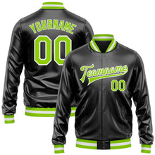 Laden Sie das Bild in den Galerie-Viewer, Uksn Individuelles Bomberjacke in Schwarz-Neongrün-Weiß mit Kunstleder, Druckknopfleiste und Varsity-Letterman-Stil