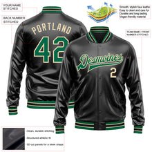 Laden Sie das Bild in den Galerie-Viewer, Uksn Individuelles Bomberjacke in Schwarz-Kelly-Grün-Creme mit Kunstleder, Druckknopfleiste und Varsity-Letterman-Stil
