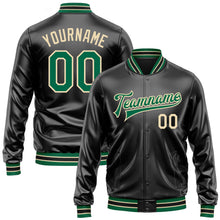 Laden Sie das Bild in den Galerie-Viewer, Uksn Individuelles Bomberjacke in Schwarz-Kelly-Grün-Creme mit Kunstleder, Druckknopfleiste und Varsity-Letterman-Stil