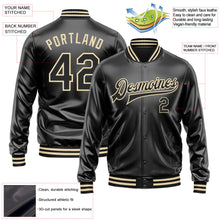 Laden Sie das Bild in den Galerie-Viewer, Uksn Individuelles Bomberjacke in Schwarz-Schwarz-Creme mit Kunstleder, Druckknopfleiste und Varsity-Letterman-Stil