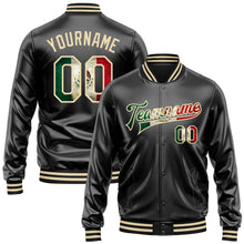 Laden Sie das Bild in den Galerie-Viewer, Uksn Individuelles Bomberjacke in Schwarz-Creme mit Vintage-Mexiko-Flagge, Kunstleder, Druckknopfleiste und Varsity-Letterman-Stil