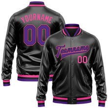 Laden Sie das Bild in den Galerie-Viewer, Uksn Individuelles Bomberjacke in Schwarz-Violett-Pink mit Kunstleder, Druckknopfleiste und Varsity-Letterman-Stil