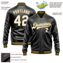 Laden Sie das Bild in den Galerie-Viewer, Uksn Individuelles Bomberjacke in Schwarz-Weiß-Altgold mit Kunstleder, Druckknopfleiste und Varsity-Letterman-Stil