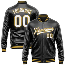 Laden Sie das Bild in den Galerie-Viewer, Uksn Individuelles Bomberjacke in Schwarz-Weiß-Altgold mit Kunstleder, Druckknopfleiste und Varsity-Letterman-Stil