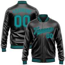 Laden Sie das Bild in den Galerie-Viewer, Uksn Individuelles Bomberjacke in Schwarz-Petrol-Schwarz mit Kunstleder, Druckknopfleiste und Varsity-Letterman-Stil