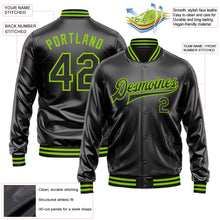 Laden Sie das Bild in den Galerie-Viewer, Uksn Individuelles Bomberjacke in Schwarz-Schwarz-Neongrün mit Kunstleder, Druckknopfleiste und Varsity-Letterman-Stil