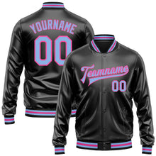 Laden Sie das Bild in den Galerie-Viewer, Uksn Individuelles Bomberjacke in Schwarz-Hellblau-Pink mit Kunstleder, Druckknopfleiste und Varsity-Letterman-Stil